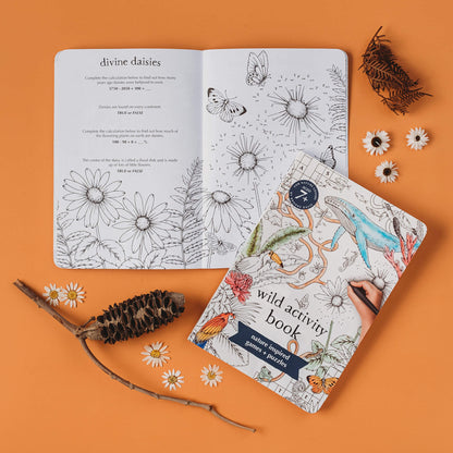 Pages showing dot to dot daisy activity from Wild Activity Book for kids 7+ with nature inspired games and puzzles.