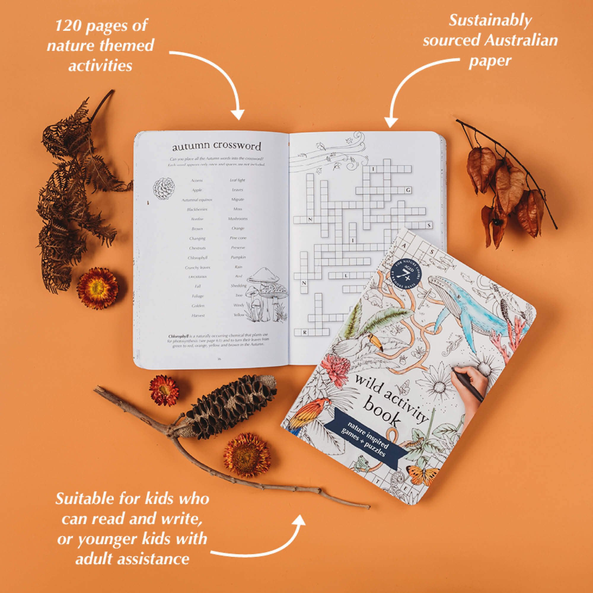Pages showing an autumn crossword from the book, Wild Activity Book for kids 7+ with nature inspired games and puzzles.