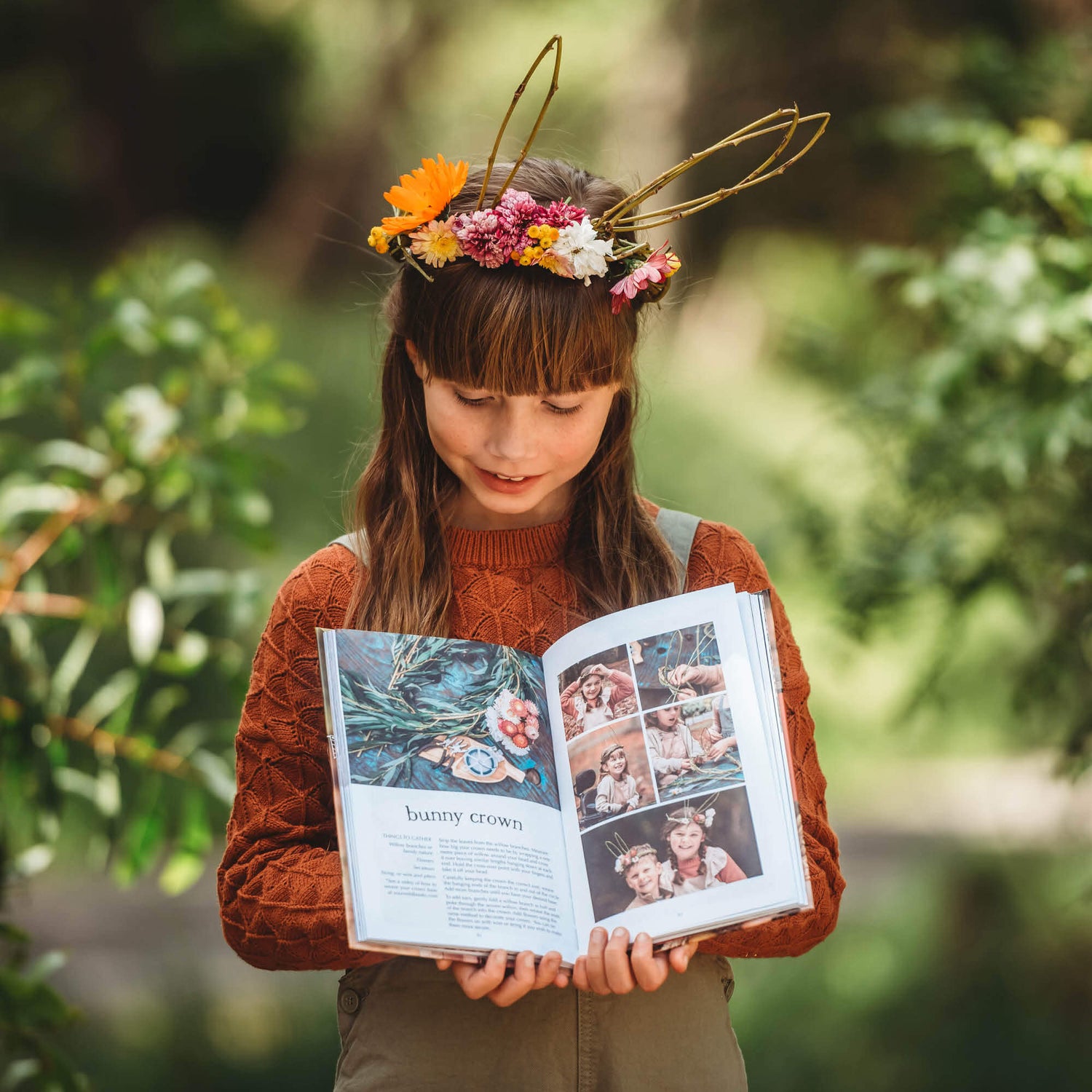 Girl wearing bunny crown made entirely from nature showing instructions from Wild Celebrations book, with nature craft for Christmas, Easter, the Season and birthday parties. Made in Australia by Your Wild Books.