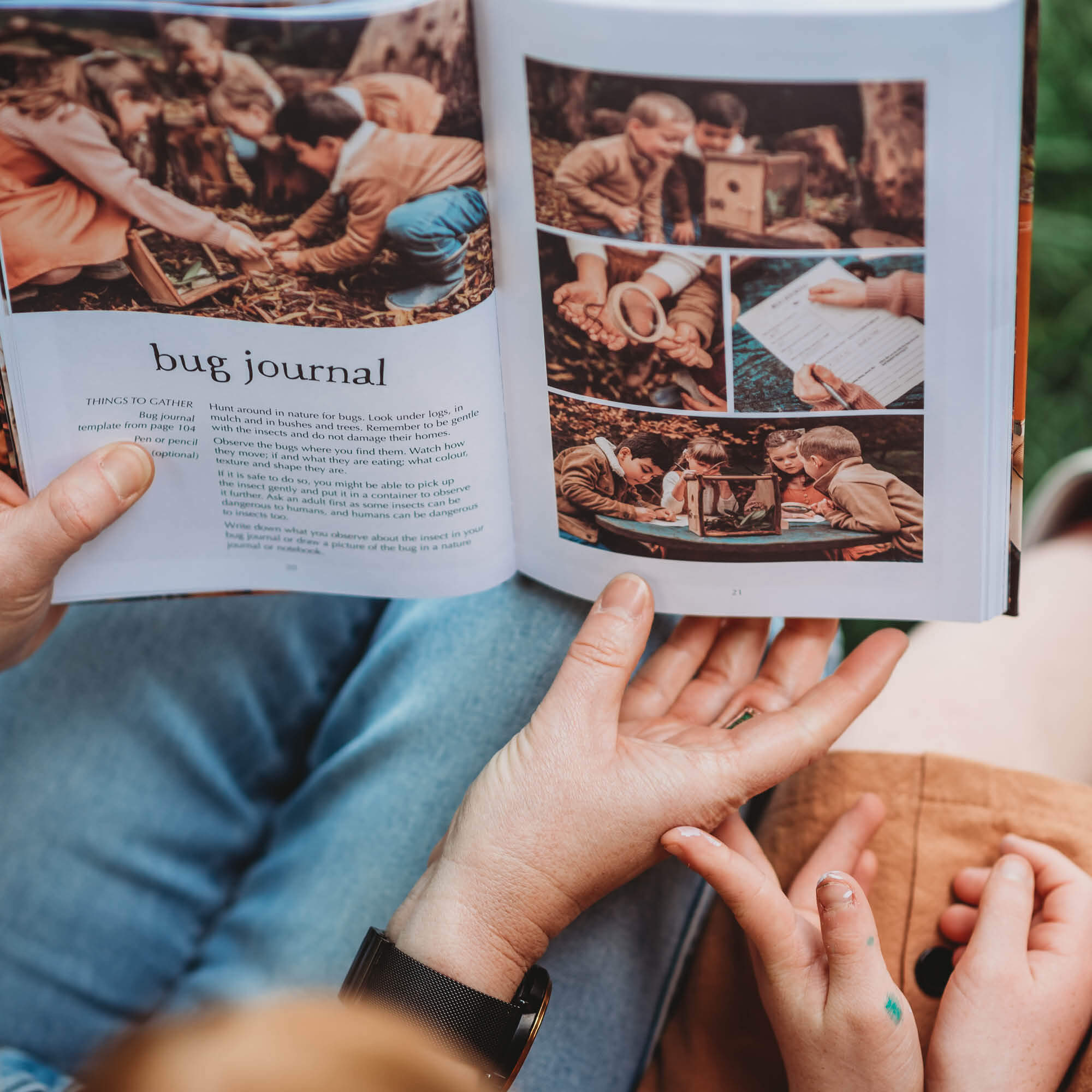 Parent and child holding a book open to the page titled Bug Journal from Wild Child, nature craft projects for kids book, made in Australia by Your Wild Books. 