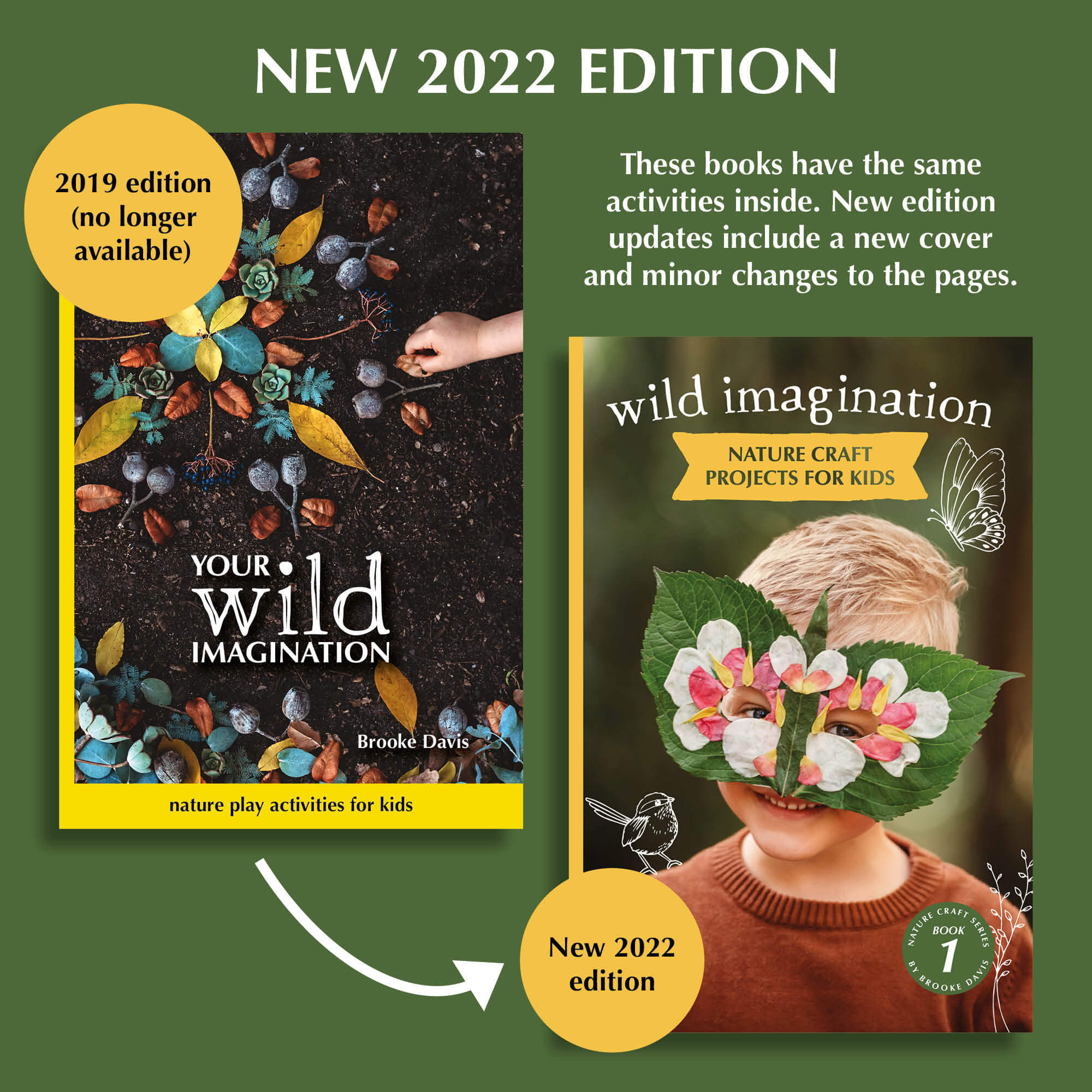 Two editions of Wild Imagination, nature craft projects for kids book, made in Australia by Your Wild Books. 