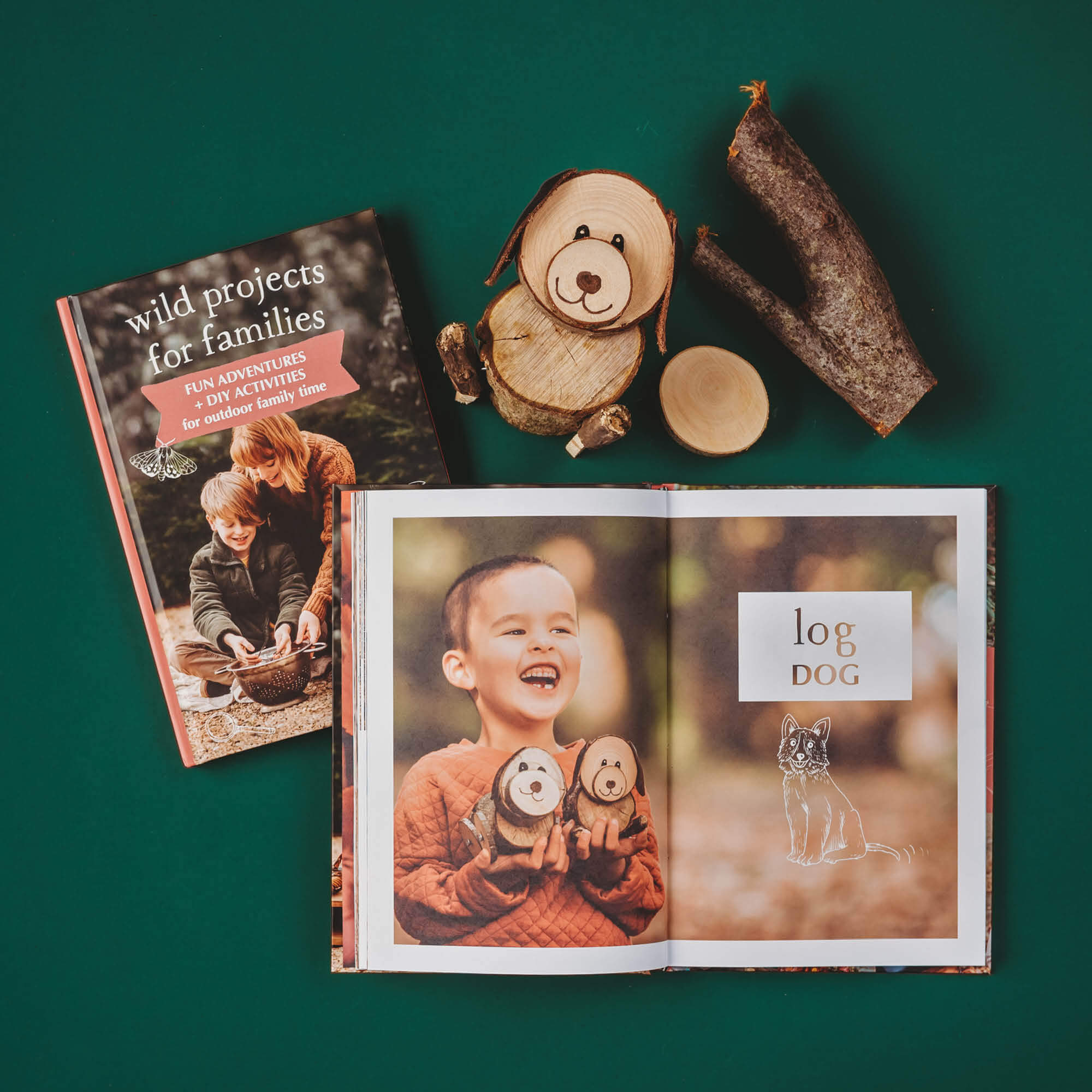 Pages showing how to make a log dog from sticks and nature from Wild Projects for Families book has fun adventures and DIY activities for family outdoor time, is made in Australia by Your Wild Books.