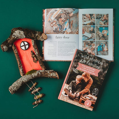 Pages showing step by step instructions for how to make a fairy door from Wild Projects for Families book has fun adventures and DIY activities for family outdoor time, is made in Australia by Your Wild Books.