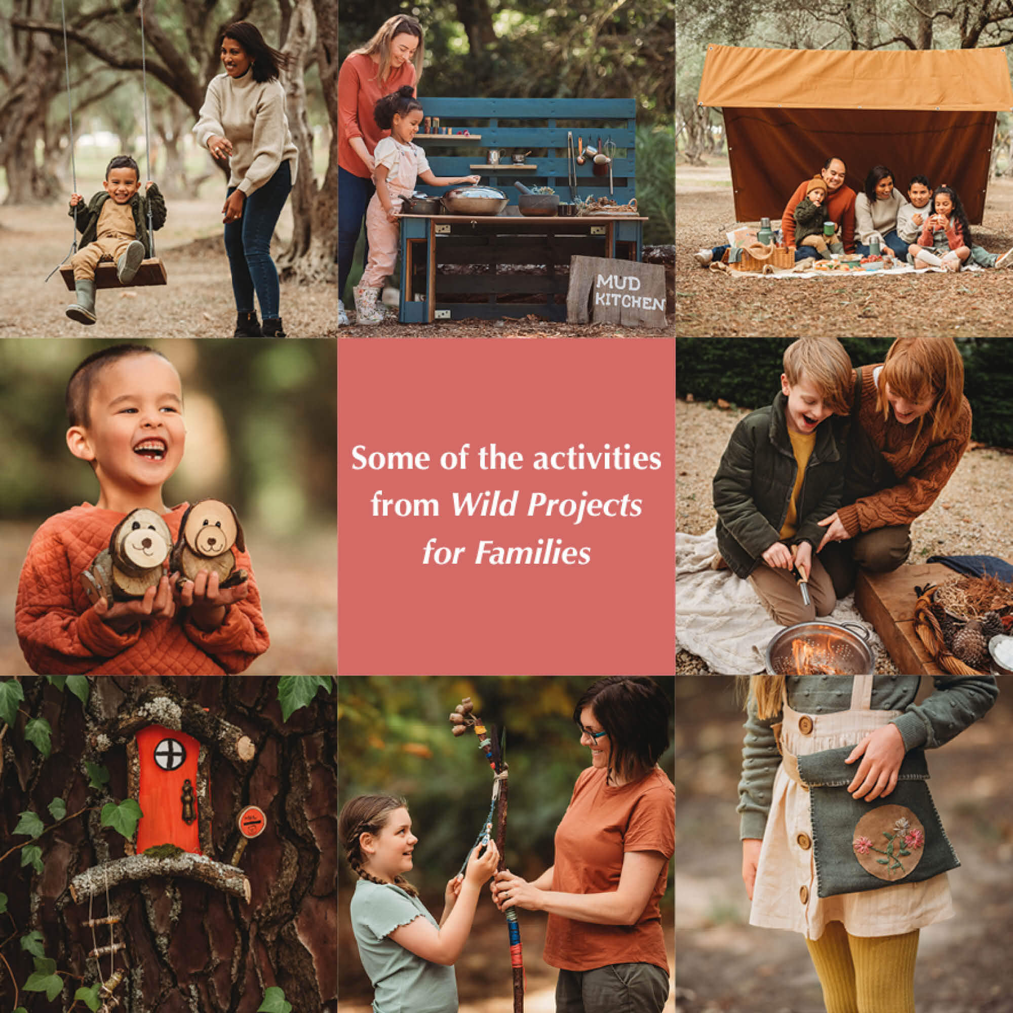 Selection of activities from the book Wild Projects for Families including DIY swing, mud kitchen, a frame shelter, log dogs, fire starting, fairy door, hiking stick and treasure bag.