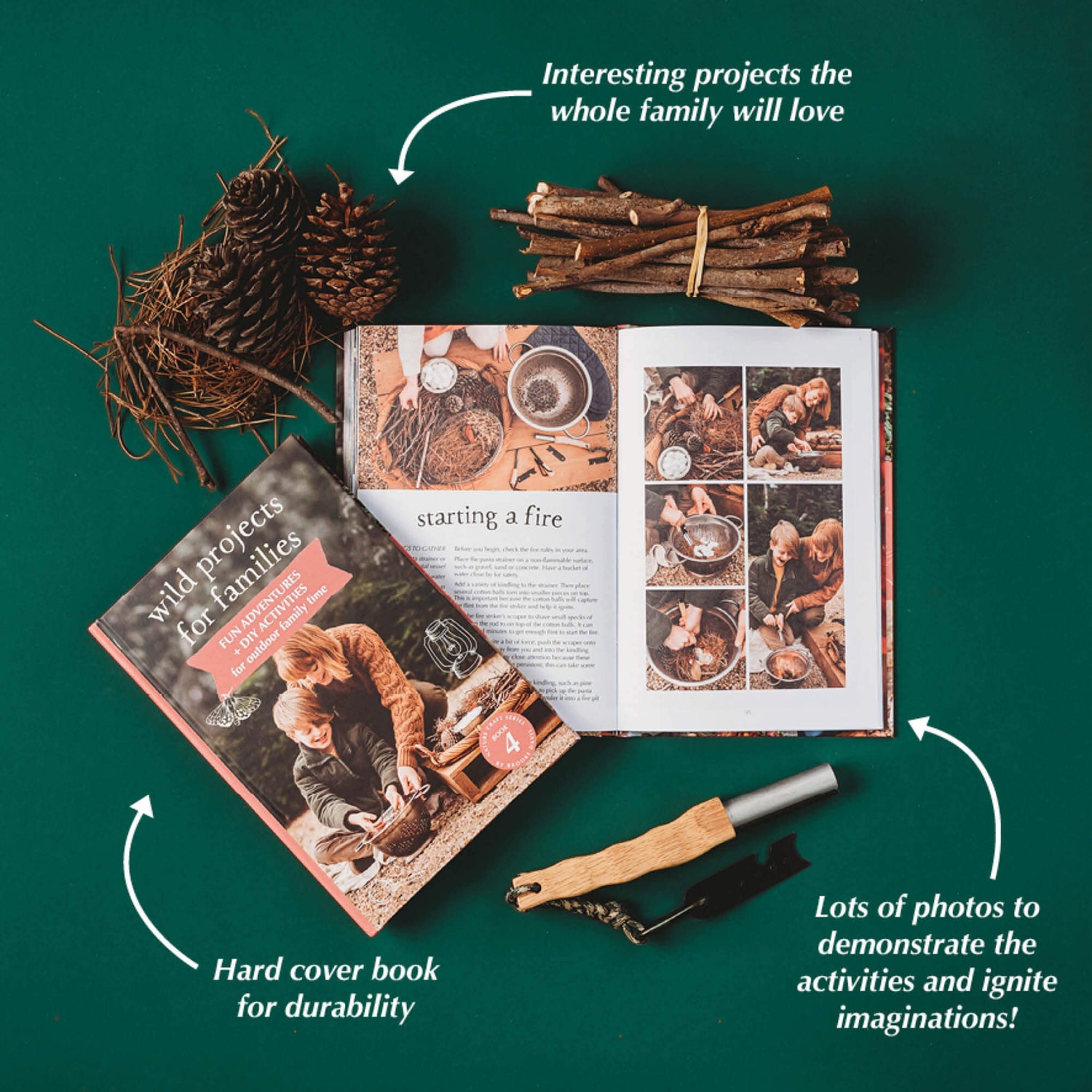 Pages about starting a fire from Real Tools Bundle by Your Wild Books includes Wild Projects for Families book, whittling knife, hand drill and fire starter.