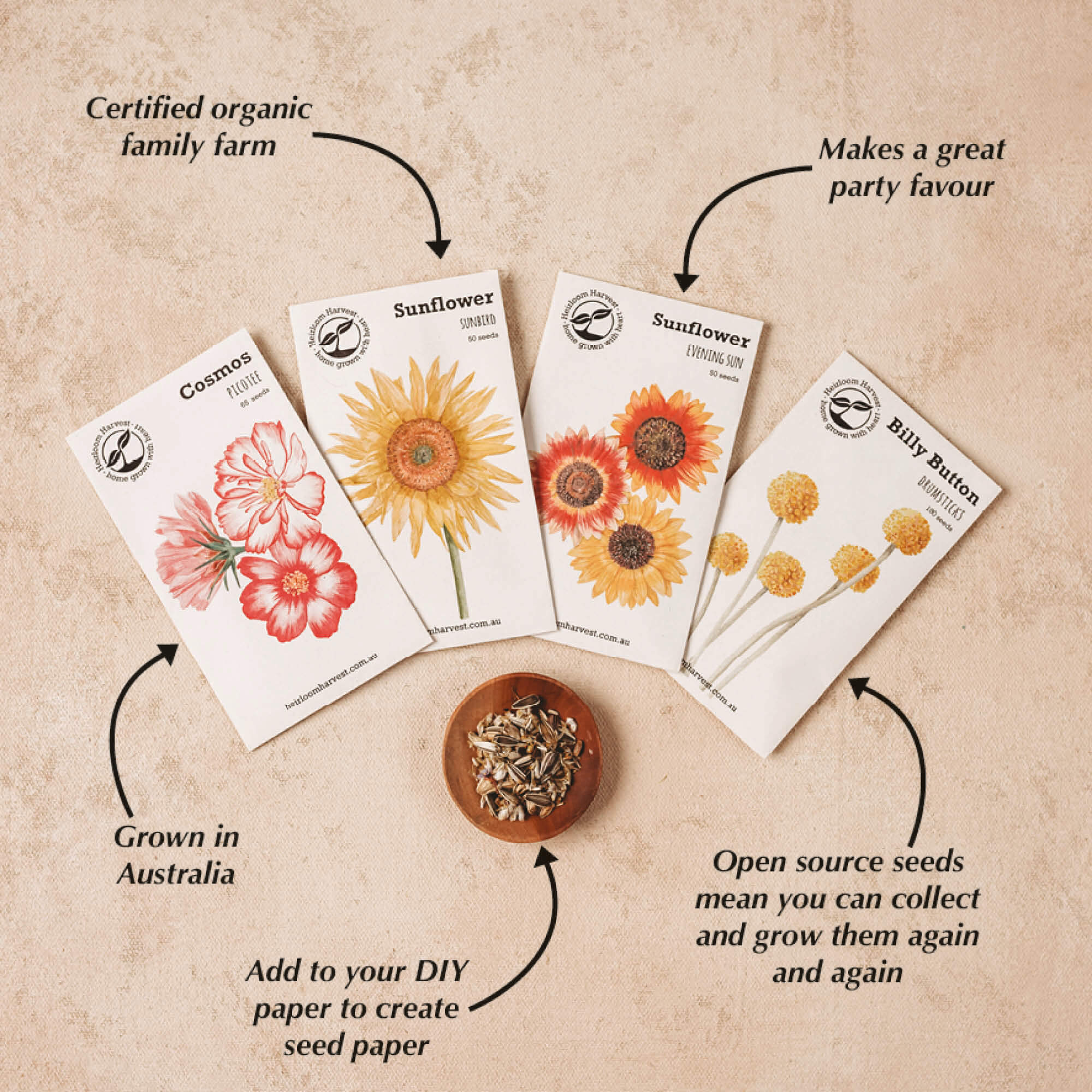 Organic flower seeds made by Heirloom Harvest in Australia from Your Wild Books